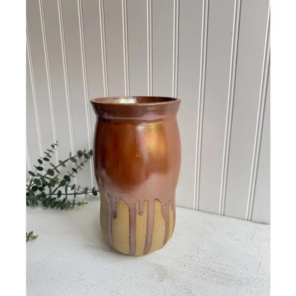 Alton Art Pottery Handmade Brown Drip Glaze Vase Rustic Primitive Organic Modern